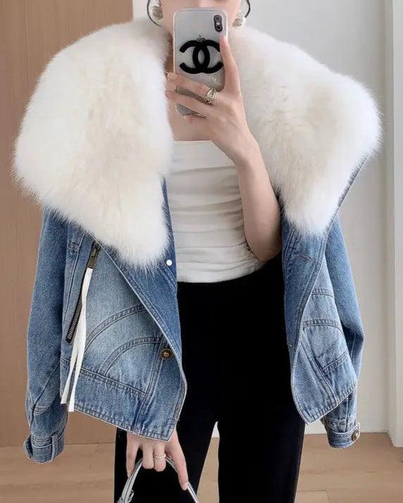 Veste en Jean avec Fourrure Blanche Femme