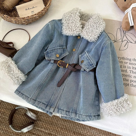 Veste en Jean avec Moumoute et Ceinture Fille