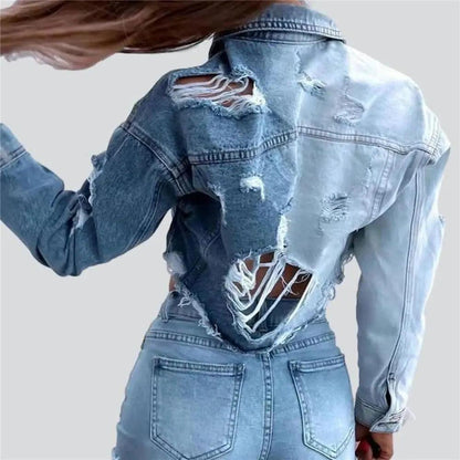 Veste en Jean Bicolore Femme Crop Top Destroy