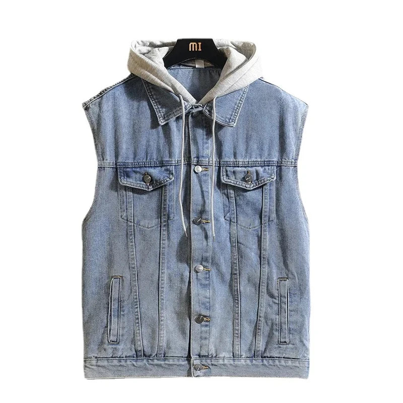 Veste en Jean Sans Manches avec Capuche Homme