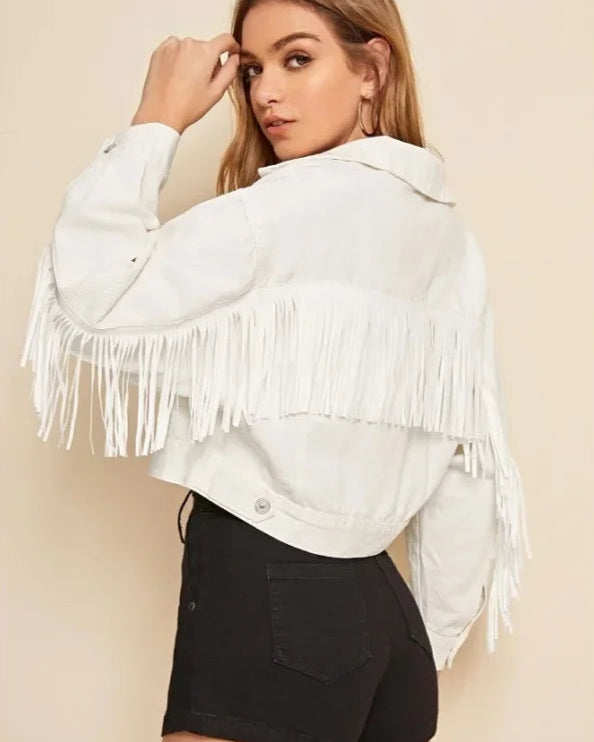 Veste en Jean Blanche Courte à Franges Femme