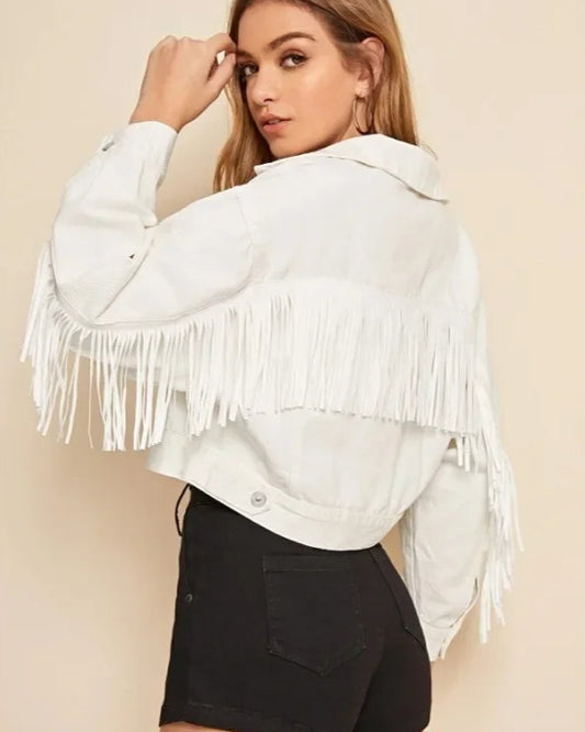 Veste en Jean Blanche Courte à Franges Femme