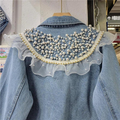 Veste en Jean à Volant en Dentelle et Perles Femme