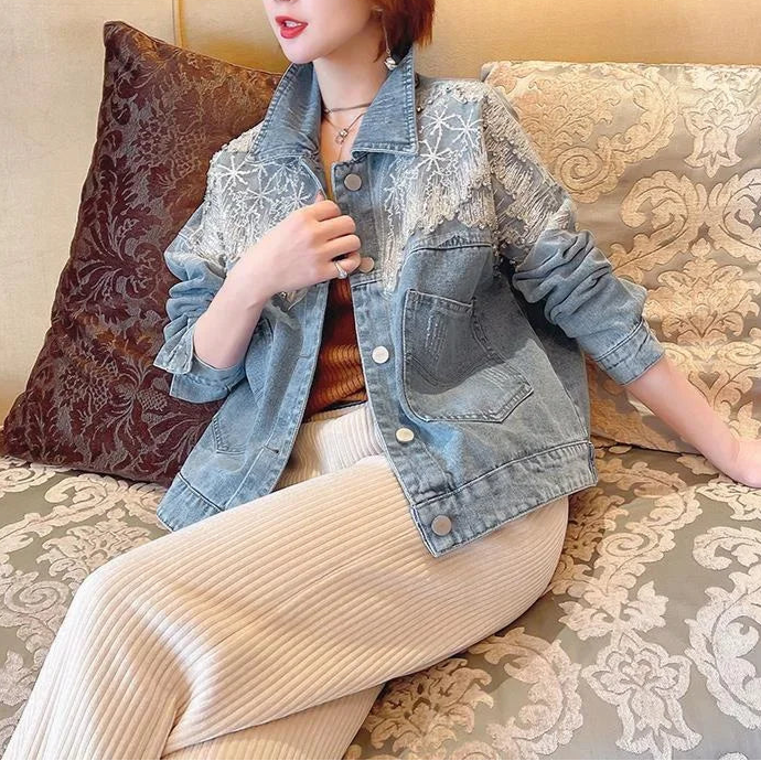 Veste en Jean Strass et Dentelle Femme