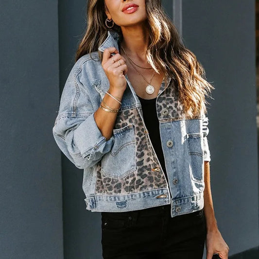 Veste en Jean Leopard Patchwork Femme