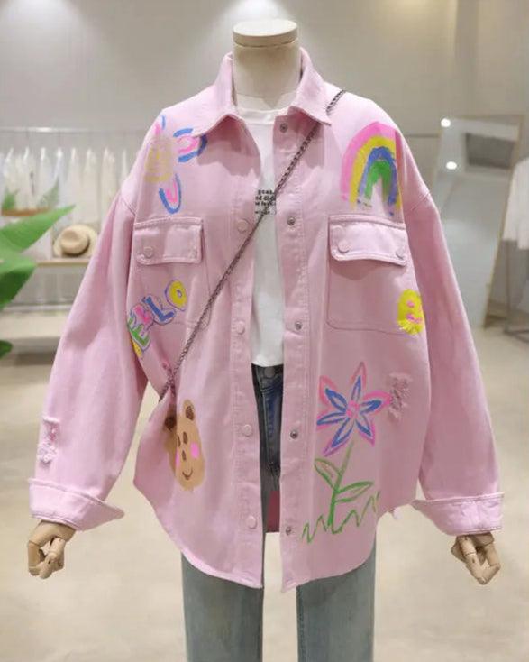 Veste en Jean Ample Rose avec Dessins Femme