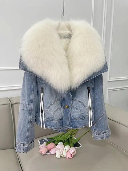 Veste en Jean avec Fourrure Blanche Femme