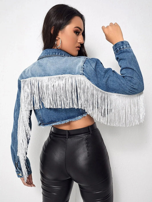 Veste en Jean Crop Top à Franges Femme