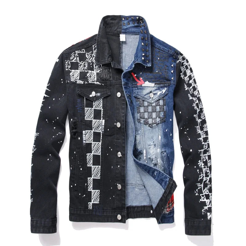 Veste en Jean Rock Homme Patchwork