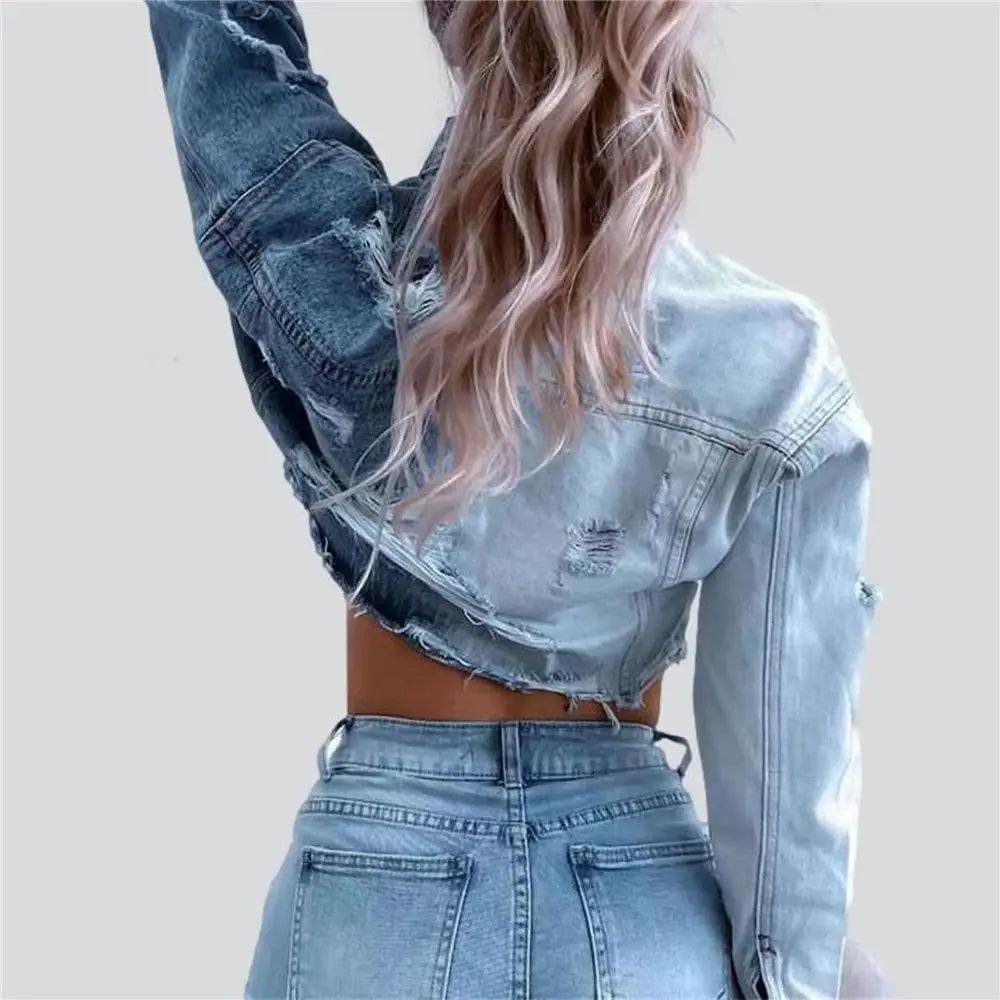 Veste en Jean Bicolore Femme Crop Top Destroy