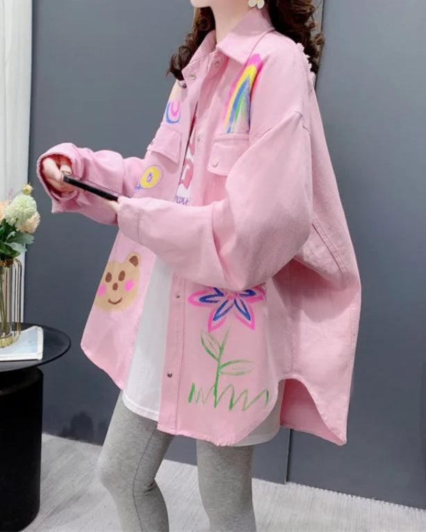 Veste en Jean Ample Rose avec Dessins Femme