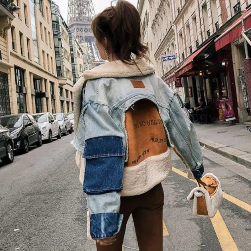 Veste en Jean Patchwork Denim et Laine Femme