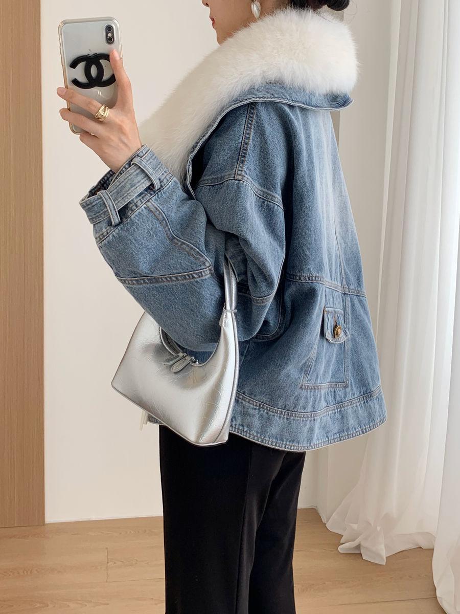 Veste en Jean avec Fourrure Blanche Femme