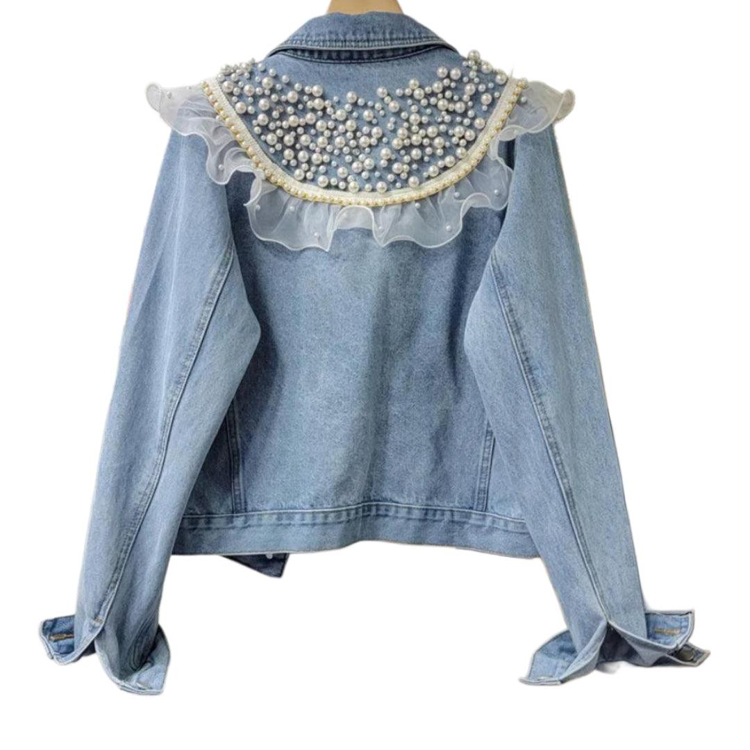 Veste en Jean à Volant en Dentelle et Perles Femme