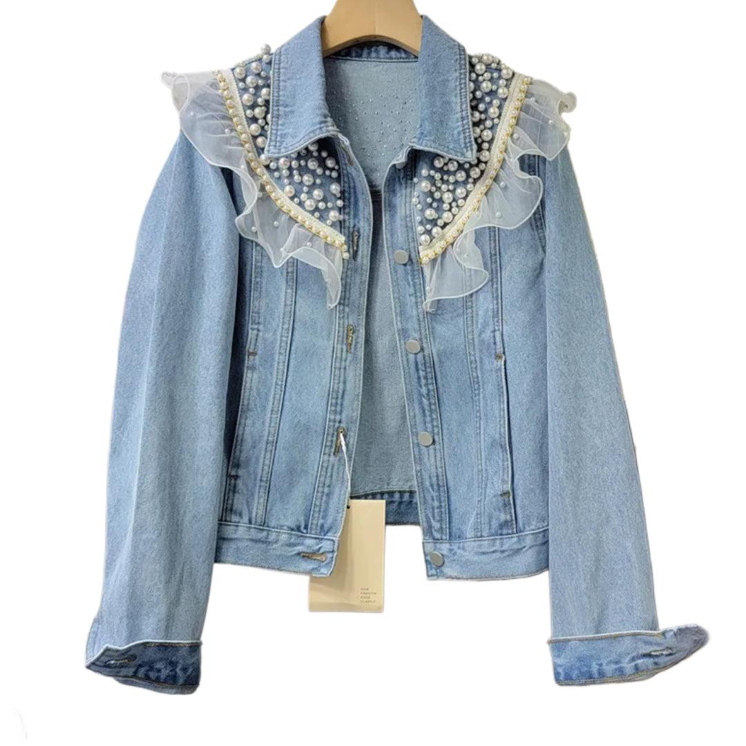 Veste en Jean à Volant en Dentelle et Perles Femme