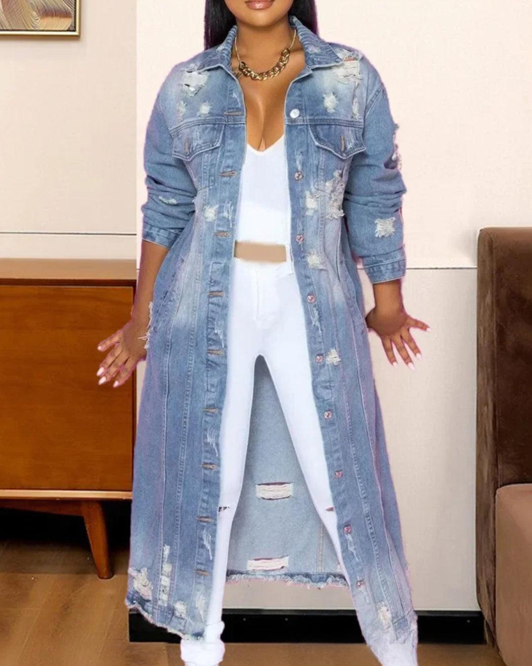 Veste en Jean Femme Longue Déchirée