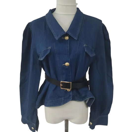 Veste en Jean à Manches Bouffantes avec Ceinture Femme