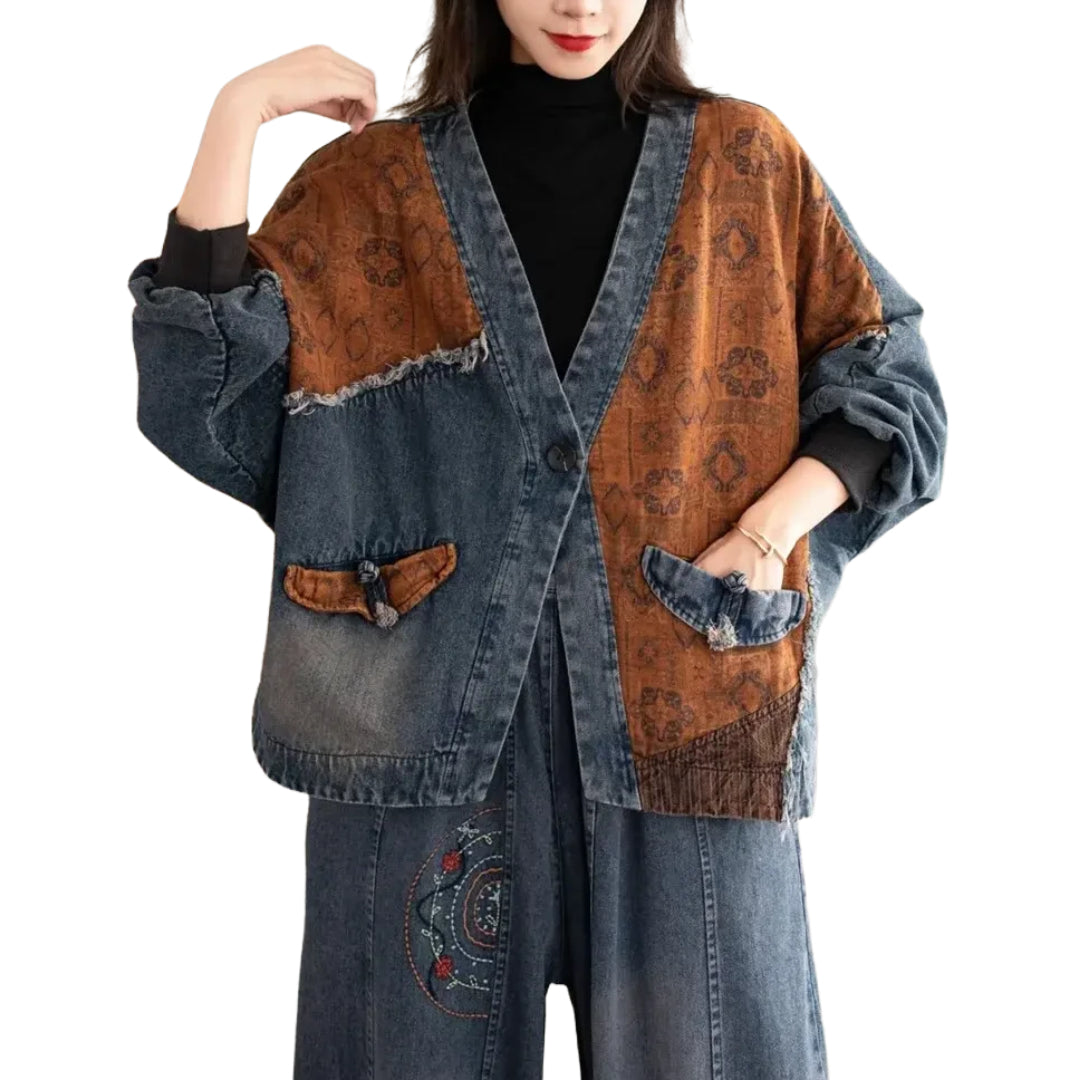 veste-en-jean-vintage-a-motifs-oranges-bleu
