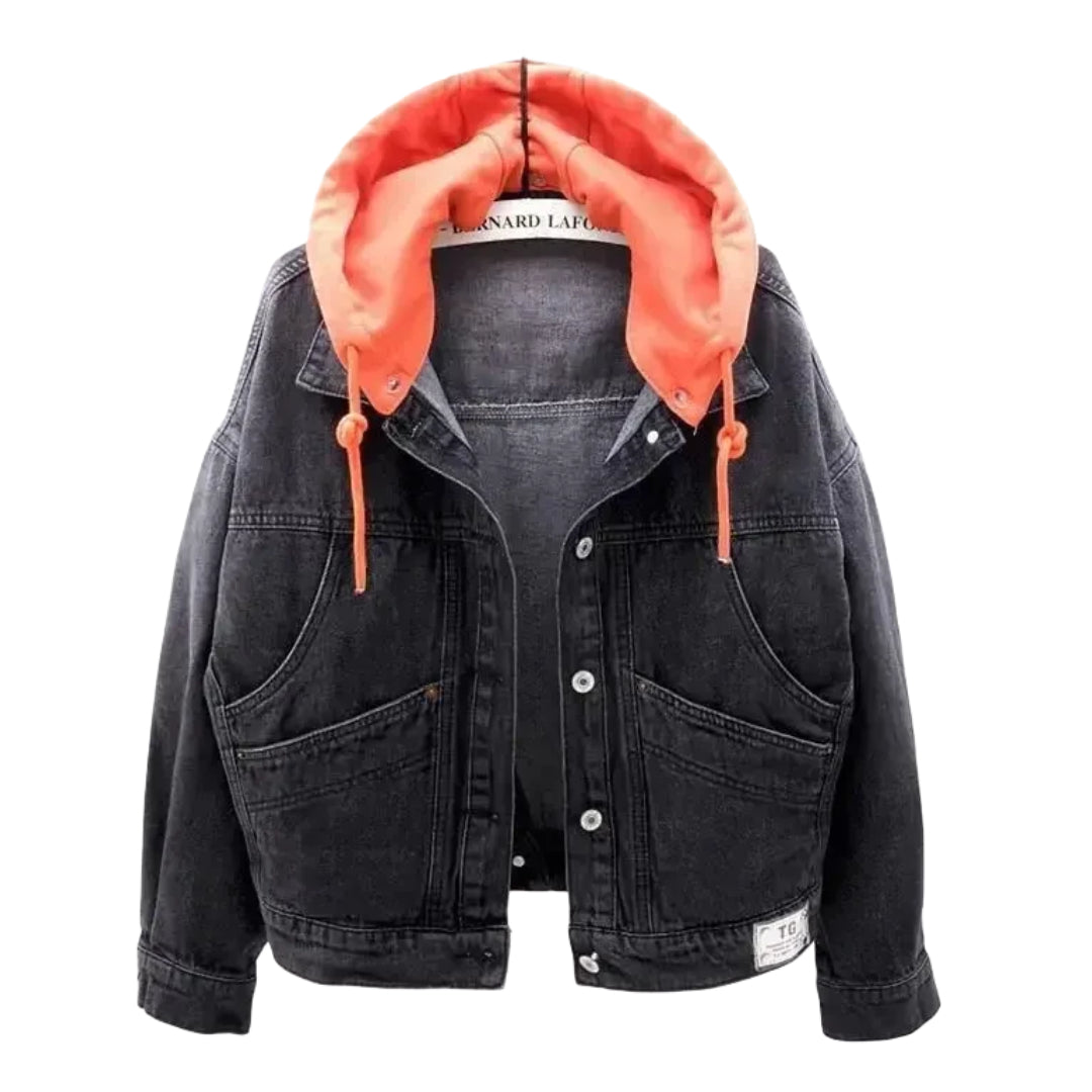 veste-jean-noir-orange-capuche-femme